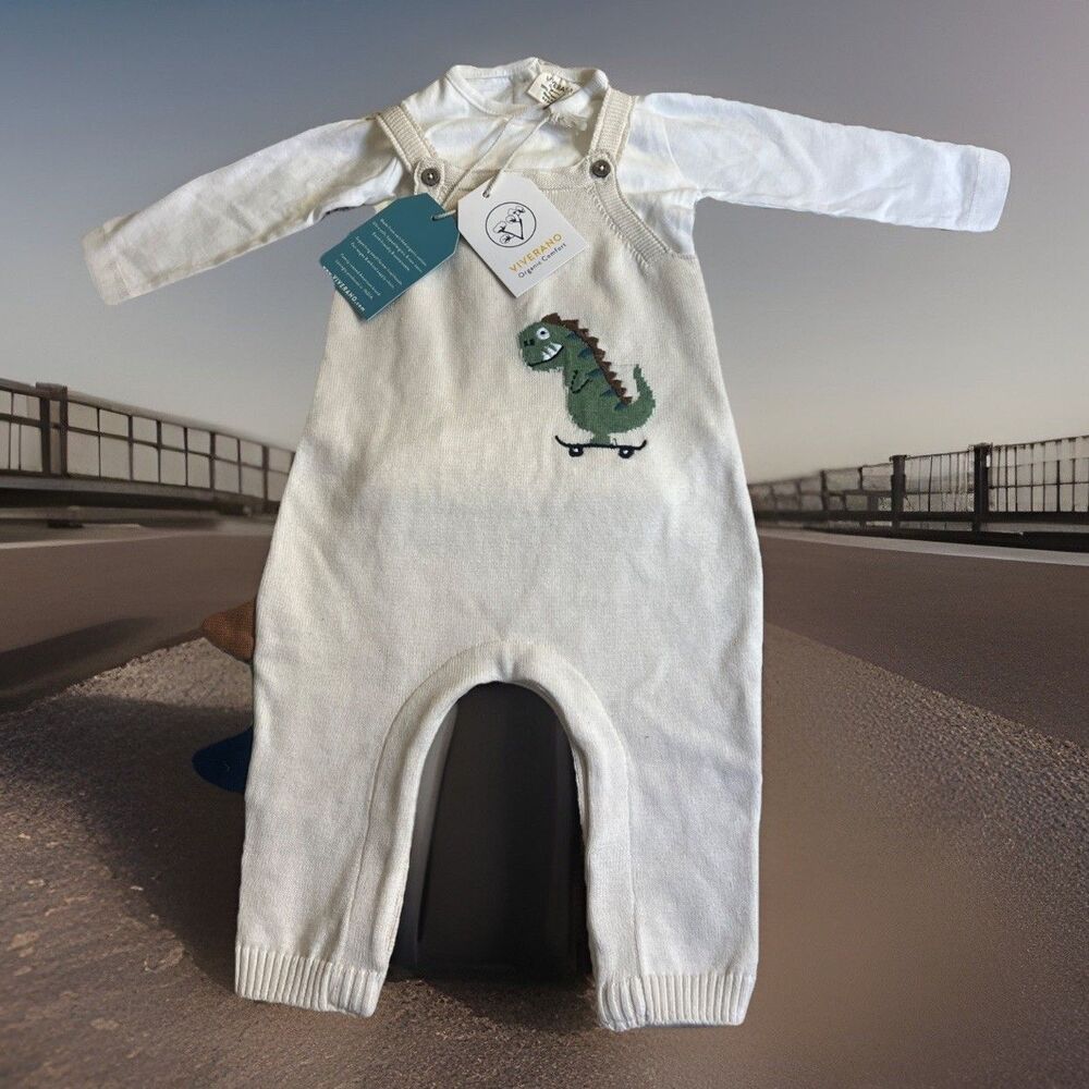 New Viverana Organic Cotton Infant 2-Piece Dinosaur Romper White Beige Gift